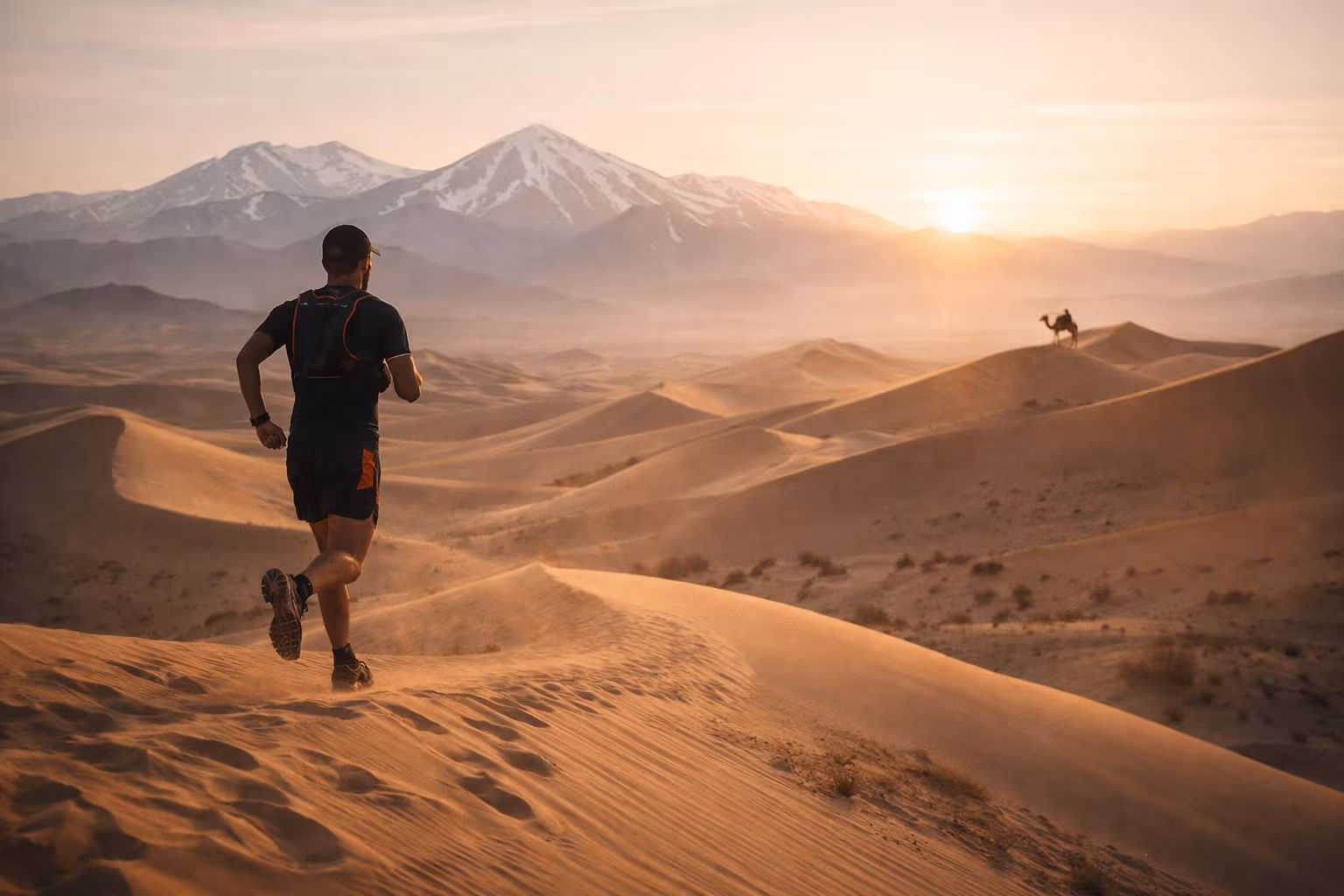 Man running towards mountains with camel in the background